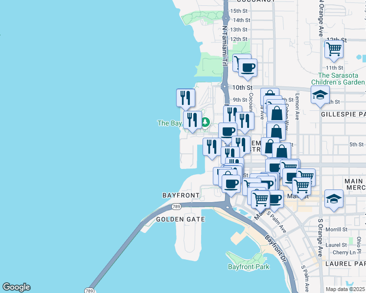 map of restaurants, bars, coffee shops, grocery stores, and more near Boulevard of the Arts in Sarasota