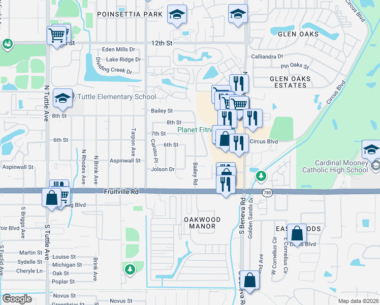 map of restaurants, bars, coffee shops, grocery stores, and more near 508 Bailey Road in Sarasota
