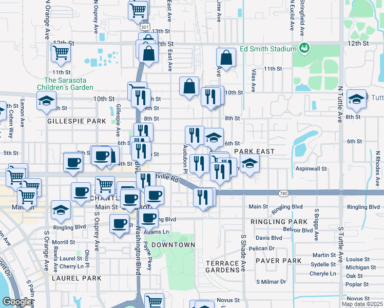 map of restaurants, bars, coffee shops, grocery stores, and more near 509 Audubon Place in Sarasota