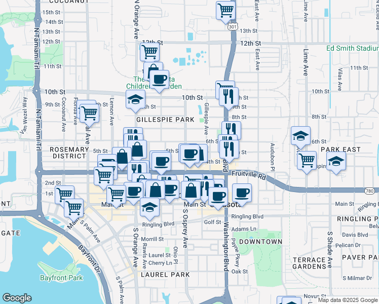 map of restaurants, bars, coffee shops, grocery stores, and more near 449 North Osprey Avenue in Sarasota