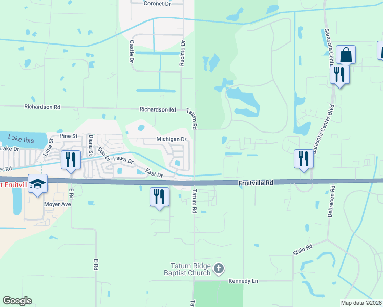 map of restaurants, bars, coffee shops, grocery stores, and more near Indiana Drive in Sarasota