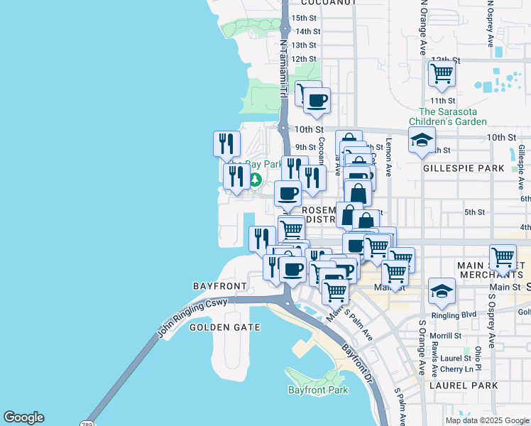 map of restaurants, bars, coffee shops, grocery stores, and more near 1616 Sarasota Quay in Sarasota