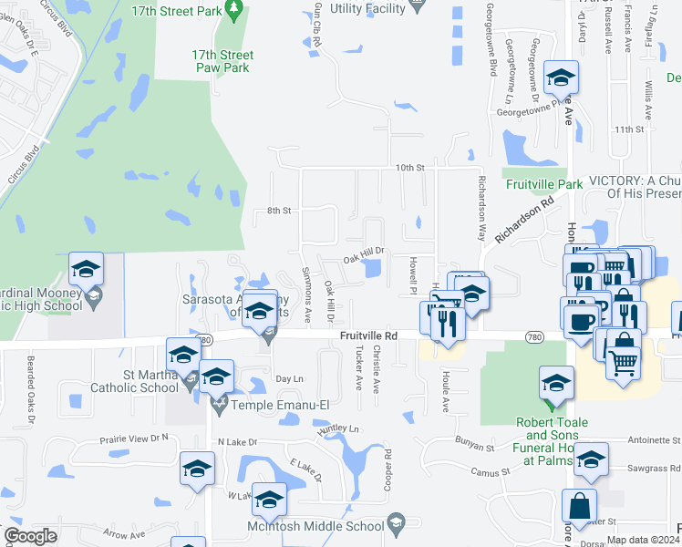 map of restaurants, bars, coffee shops, grocery stores, and more near 323 Oak Hill Way in Sarasota