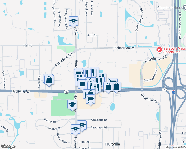 map of restaurants, bars, coffee shops, grocery stores, and more near 5420 Southerly Way in Sarasota