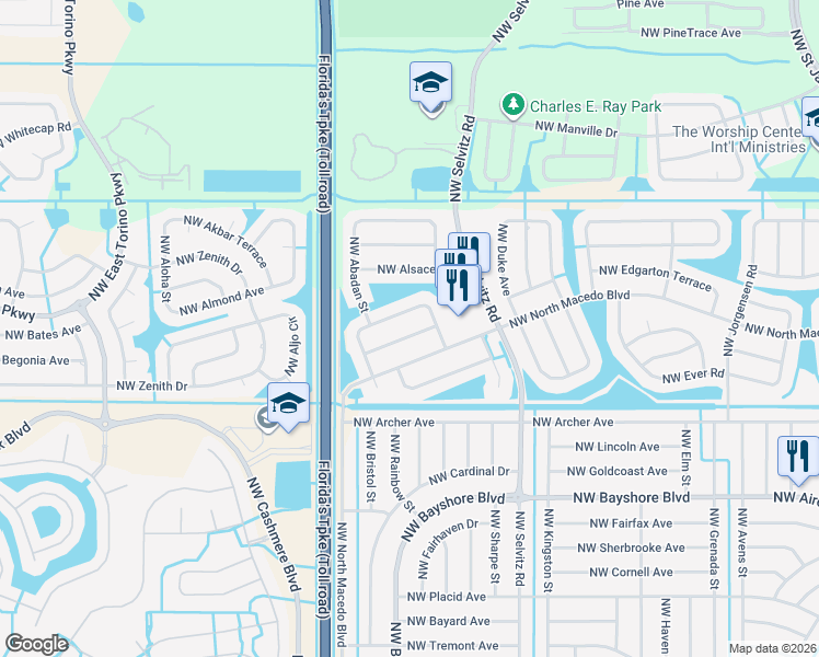 map of restaurants, bars, coffee shops, grocery stores, and more near 4448 Northwest Bighorn Avenue in Port St. Lucie