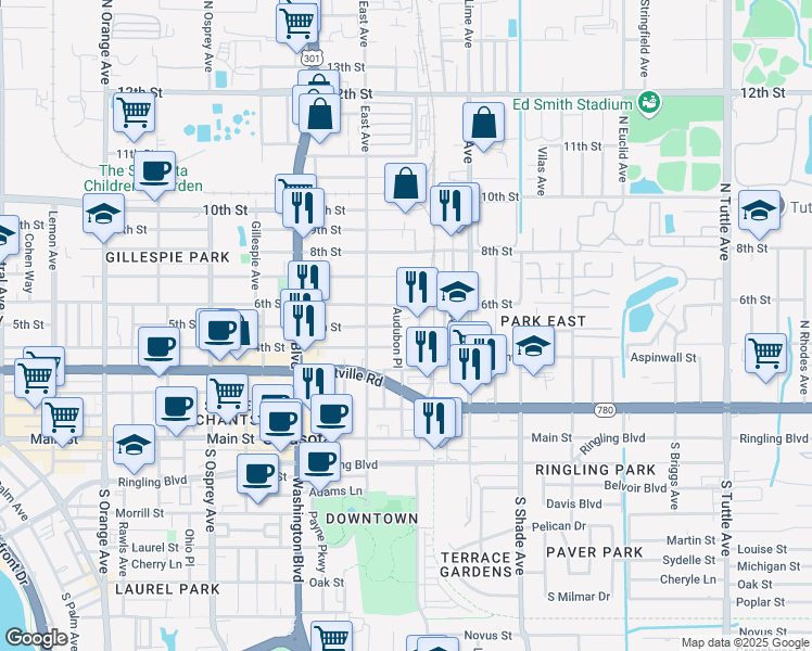 map of restaurants, bars, coffee shops, grocery stores, and more near 500 Audubon Place in Sarasota