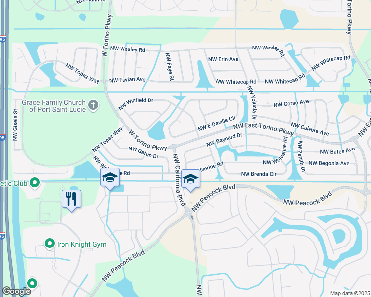 map of restaurants, bars, coffee shops, grocery stores, and more near 5999 Northwest Baynard Drive in Port St. Lucie