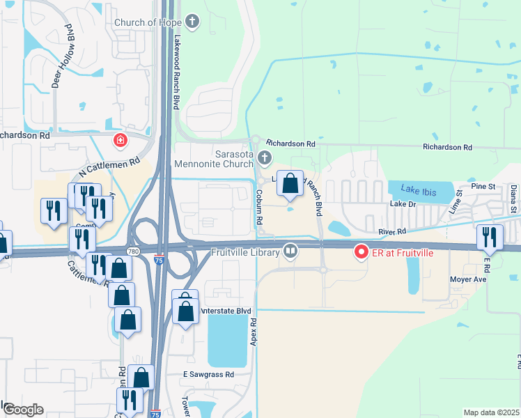 map of restaurants, bars, coffee shops, grocery stores, and more near Coburn Road in Sarasota County