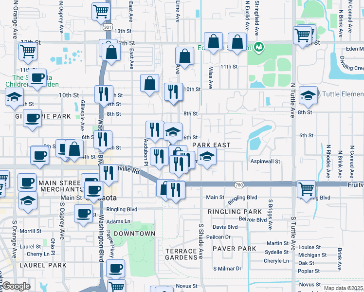 map of restaurants, bars, coffee shops, grocery stores, and more near 502 North Lime Avenue in Sarasota