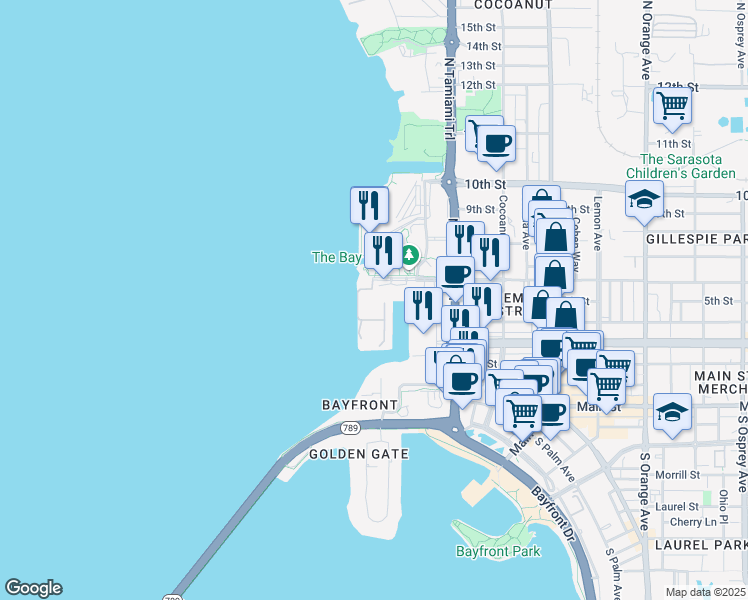 map of restaurants, bars, coffee shops, grocery stores, and more near Boulevard of the Arts in Sarasota