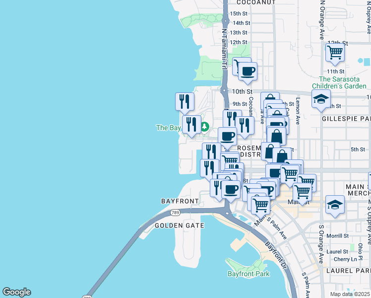 map of restaurants, bars, coffee shops, grocery stores, and more near Boulevard of the Arts in Sarasota