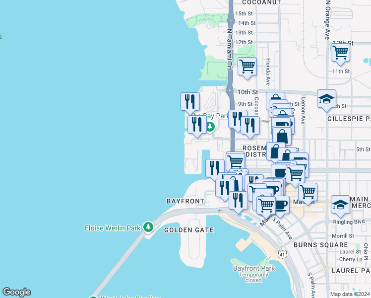 map of restaurants, bars, coffee shops, grocery stores, and more near Boulevard of the Arts in Sarasota