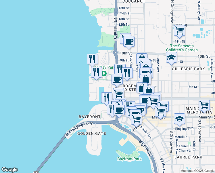 map of restaurants, bars, coffee shops, grocery stores, and more near 1732 Sarasota Quay in Sarasota