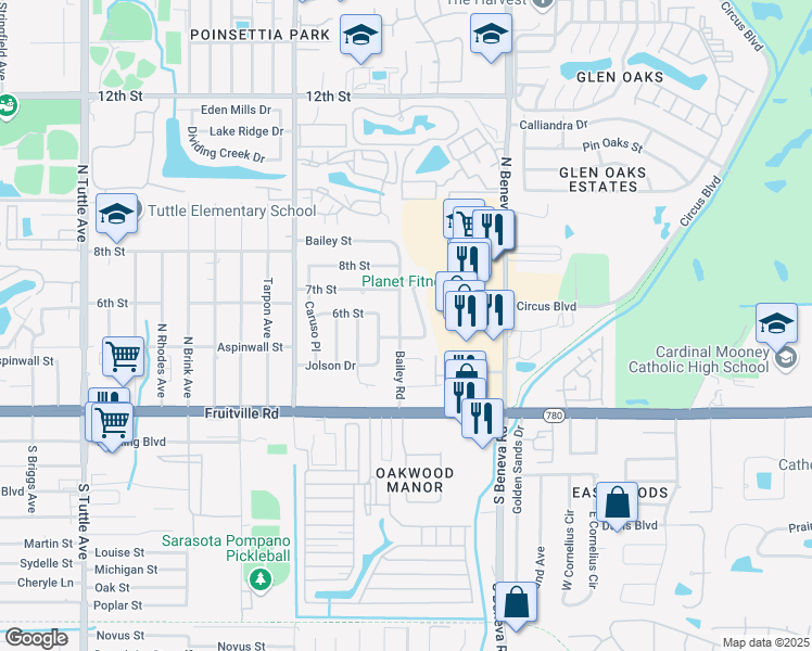 map of restaurants, bars, coffee shops, grocery stores, and more near 508 Bailey Road in Sarasota