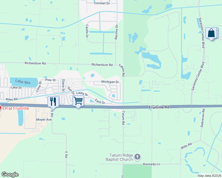 map of restaurants, bars, coffee shops, grocery stores, and more near Indiana Drive in Sarasota