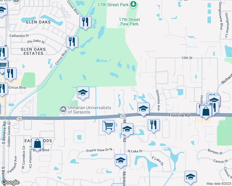 map of restaurants, bars, coffee shops, grocery stores, and more near 416 Whispering Oaks Court in Sarasota