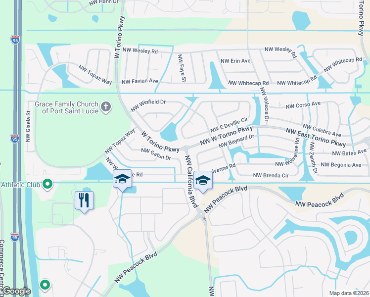 map of restaurants, bars, coffee shops, grocery stores, and more near NW California Blvd & W Torino Pkwy in Port St. Lucie