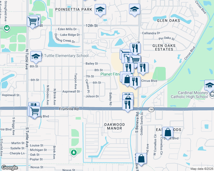 map of restaurants, bars, coffee shops, grocery stores, and more near 508 Bailey Road in Sarasota