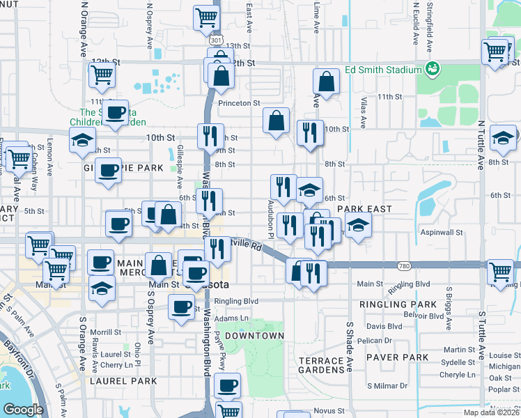 map of restaurants, bars, coffee shops, grocery stores, and more near 509 Audubon Place in Sarasota