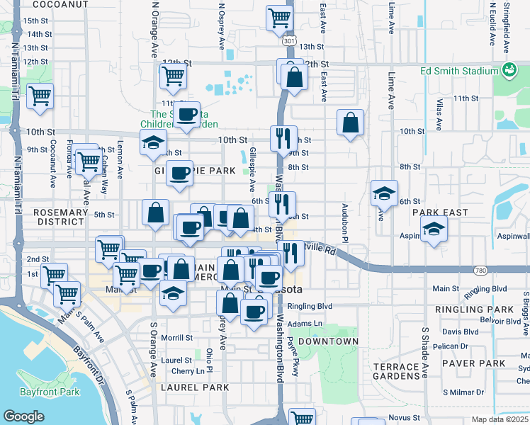 map of restaurants, bars, coffee shops, grocery stores, and more near 511 North Washington Boulevard in Sarasota