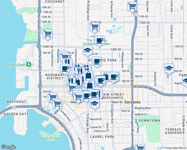 map of restaurants, bars, coffee shops, grocery stores, and more near 511 Adelia Avenue in Sarasota