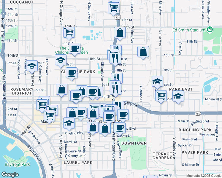 map of restaurants, bars, coffee shops, grocery stores, and more near 511 North Washington Boulevard in Sarasota
