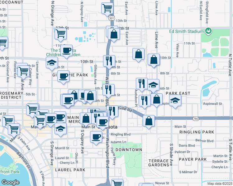 map of restaurants, bars, coffee shops, grocery stores, and more near 2040 6th Street in Sarasota