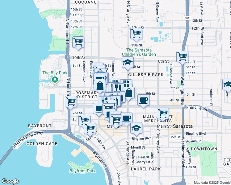 map of restaurants, bars, coffee shops, grocery stores, and more near 506 N Lemon Ave in Sarasota