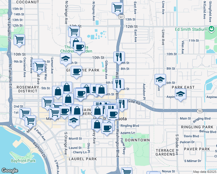 map of restaurants, bars, coffee shops, grocery stores, and more near 504 Gillespie Avenue in Sarasota