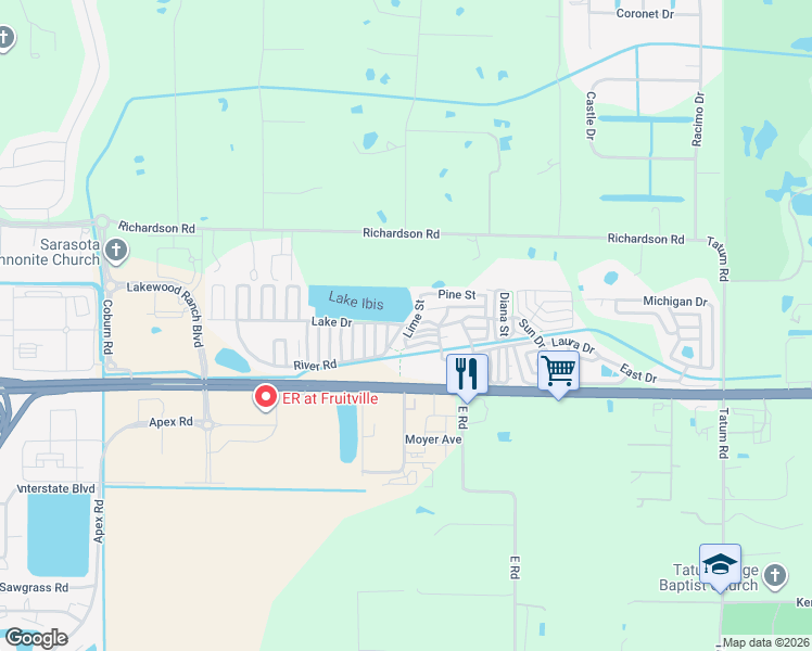 map of restaurants, bars, coffee shops, grocery stores, and more near Lake Drive in Sarasota