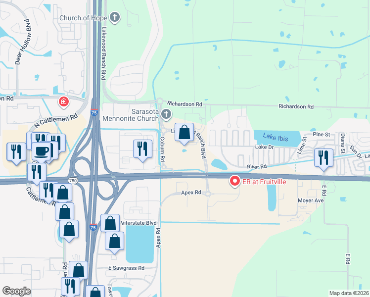 map of restaurants, bars, coffee shops, grocery stores, and more near 900 Coburn Road in Sarasota