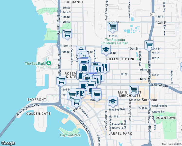 map of restaurants, bars, coffee shops, grocery stores, and more near 1421 5th Street in Sarasota