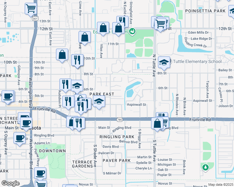 map of restaurants, bars, coffee shops, grocery stores, and more near 500 North Jefferson Avenue in Sarasota