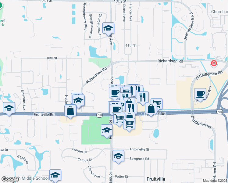 map of restaurants, bars, coffee shops, grocery stores, and more near 1780 Honore Avenue in Sarasota