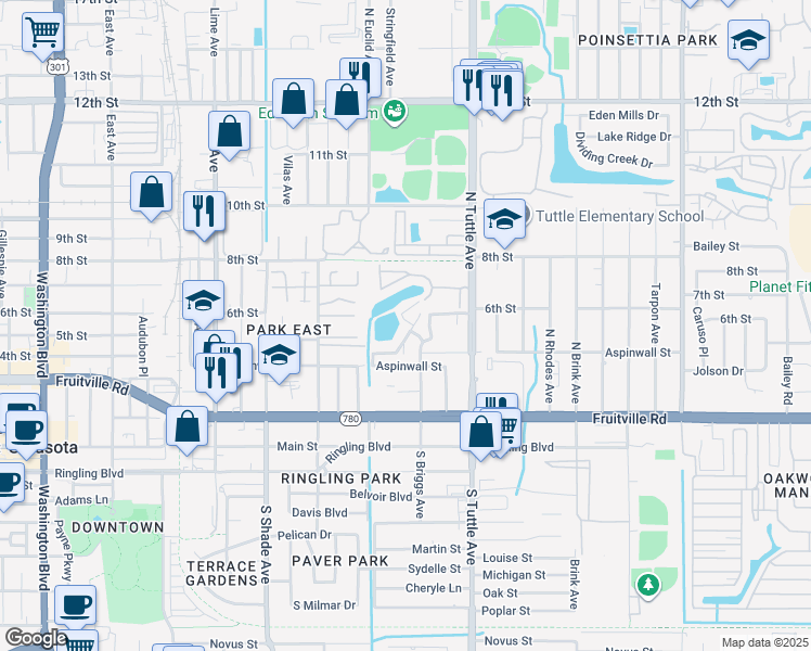 map of restaurants, bars, coffee shops, grocery stores, and more near 413 North Briggs Avenue in Sarasota