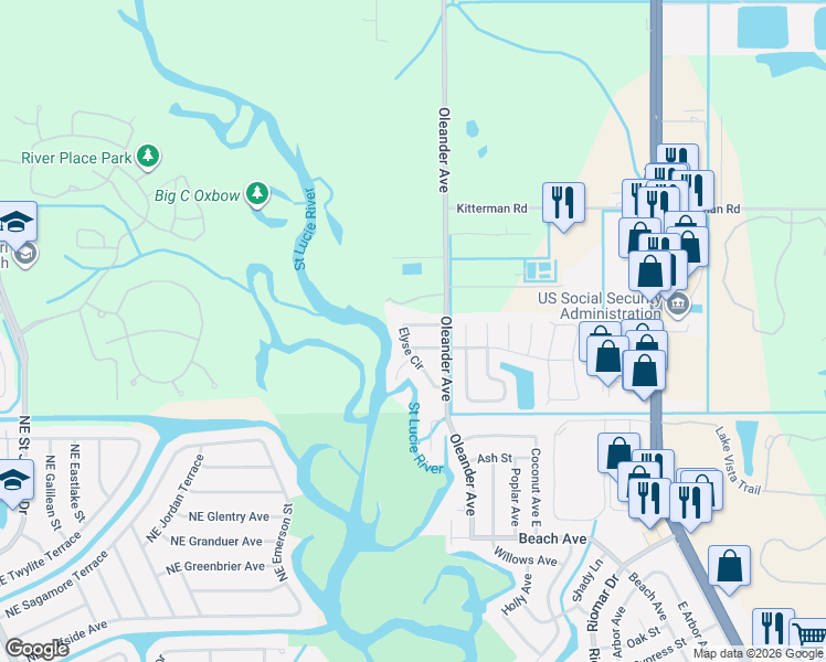 map of restaurants, bars, coffee shops, grocery stores, and more near 7206 Elyse Circle in Port St. Lucie