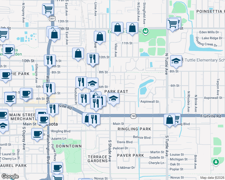 map of restaurants, bars, coffee shops, grocery stores, and more near 456 Seeds Avenue in Sarasota