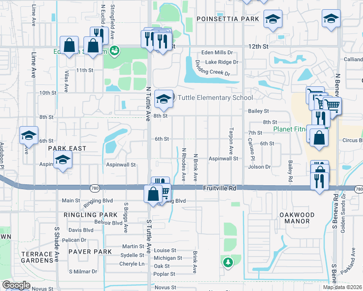 map of restaurants, bars, coffee shops, grocery stores, and more near 417 North Brink Avenue in Sarasota