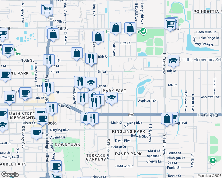 map of restaurants, bars, coffee shops, grocery stores, and more near 456 Seeds Avenue in Sarasota