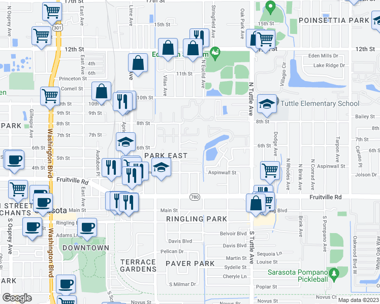 map of restaurants, bars, coffee shops, grocery stores, and more near 456 North Jefferson Avenue in Sarasota