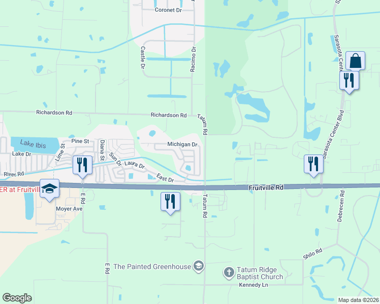 map of restaurants, bars, coffee shops, grocery stores, and more near Indiana Drive in Sarasota