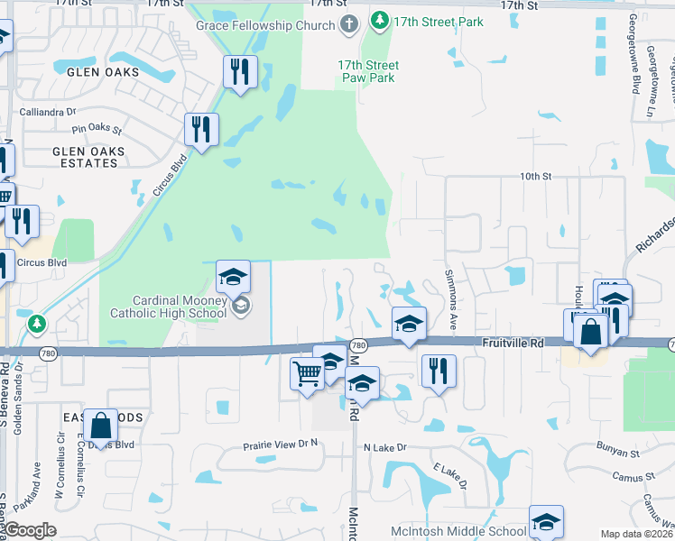 map of restaurants, bars, coffee shops, grocery stores, and more near 416 Whispering Oaks Court in Sarasota