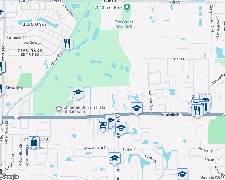 map of restaurants, bars, coffee shops, grocery stores, and more near 416 Whispering Oaks Court in Sarasota