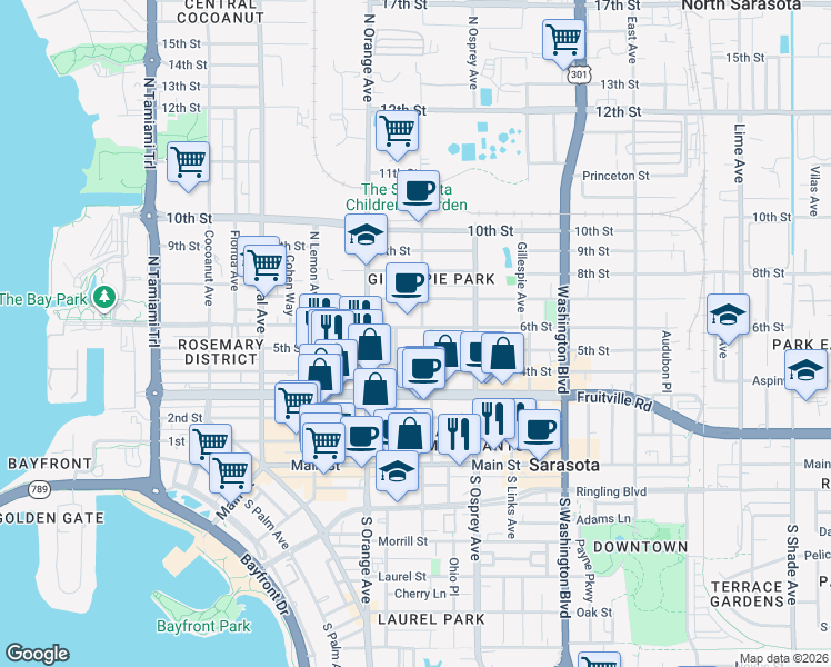 map of restaurants, bars, coffee shops, grocery stores, and more near 1706 5th Street in Sarasota
