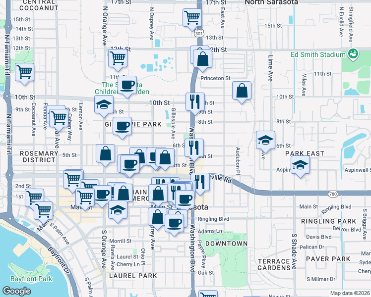 map of restaurants, bars, coffee shops, grocery stores, and more near 511 North Washington Boulevard in Sarasota