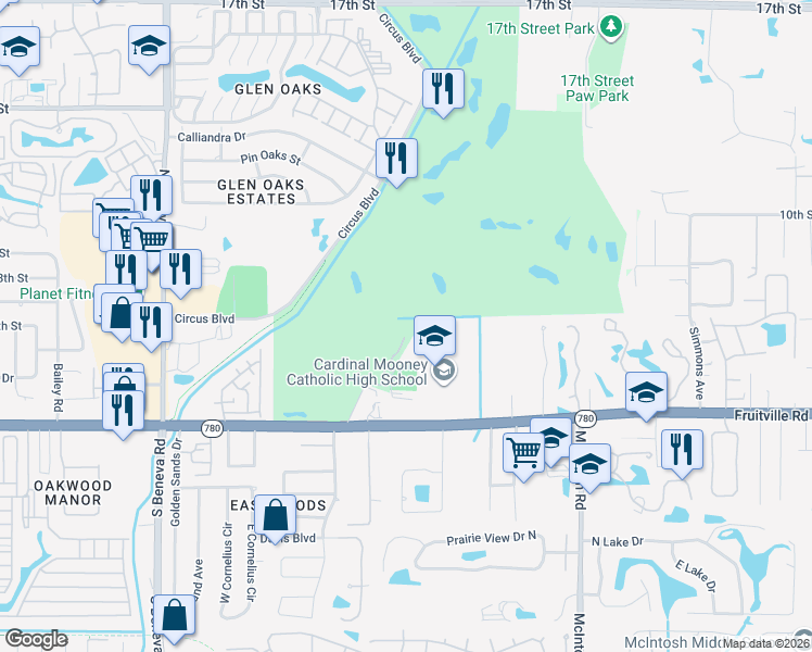 map of restaurants, bars, coffee shops, grocery stores, and more near 353 Bobby Jones Road in Sarasota