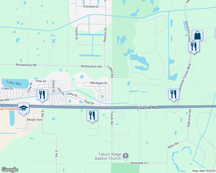 map of restaurants, bars, coffee shops, grocery stores, and more near Indiana Drive in Sarasota
