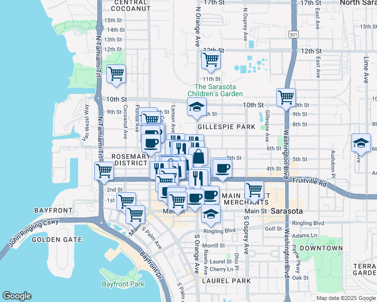 map of restaurants, bars, coffee shops, grocery stores, and more near 505 North Orange Avenue in Sarasota