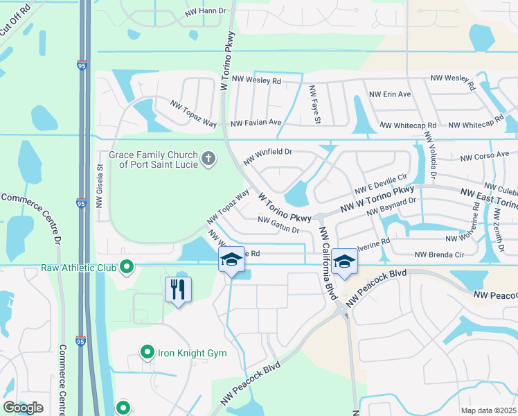 map of restaurants, bars, coffee shops, grocery stores, and more near 6175 Northwest Gatun Drive in Port St. Lucie