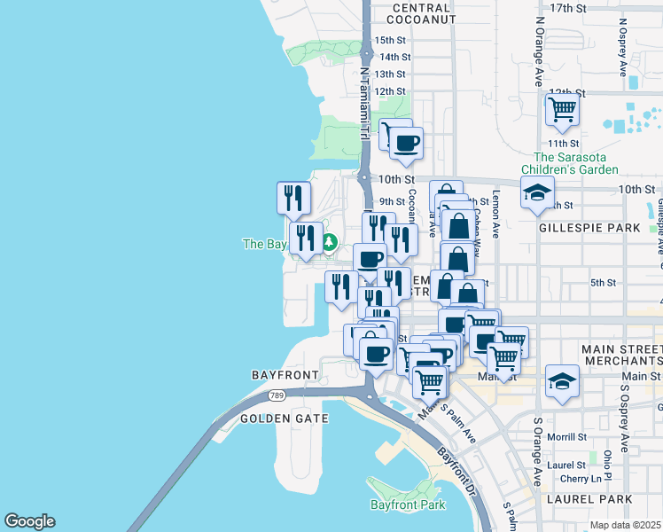 map of restaurants, bars, coffee shops, grocery stores, and more near 900 Sarasota Quay in Sarasota